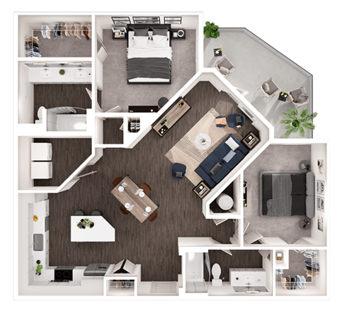 Floor plan for 2 beds, 2 baths, 1222 sqft